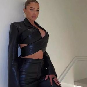 Long sleeve leather cropped tye back top - size S never worn